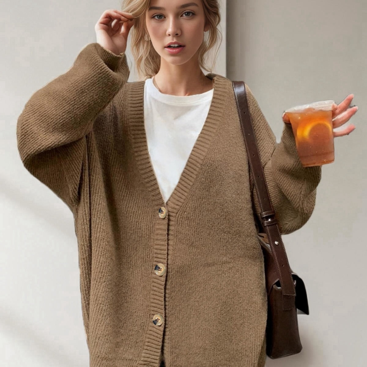 Dames grand tricot cardigan avec décolleté en V profond et grands boutons Chic und Stil