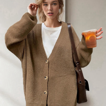 Dames grand tricot cardigan avec décolleté en V profond et grands boutons Chic und Stil