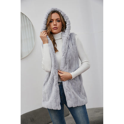 Dames Élégant Gilet à Capuche en Fourrure Synthétique Chic und Stil