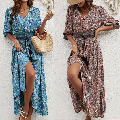 Robe maxi femme avec ceinture amovible à la taille et motif artistique Chic und Stil
