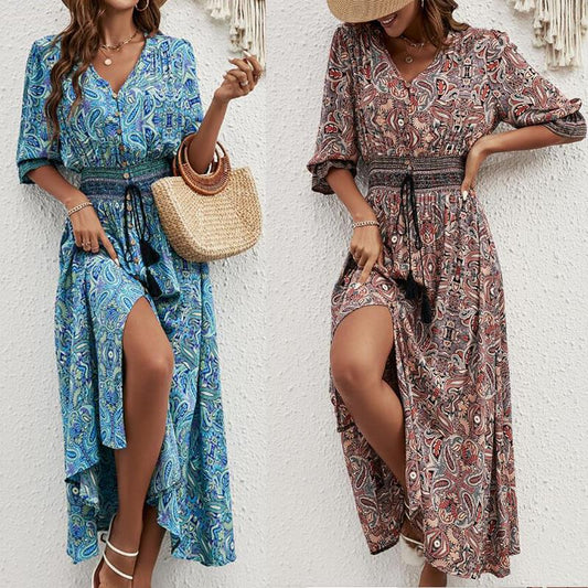 Robe maxi femme avec ceinture amovible à la taille et motif artistique Chic und Stil