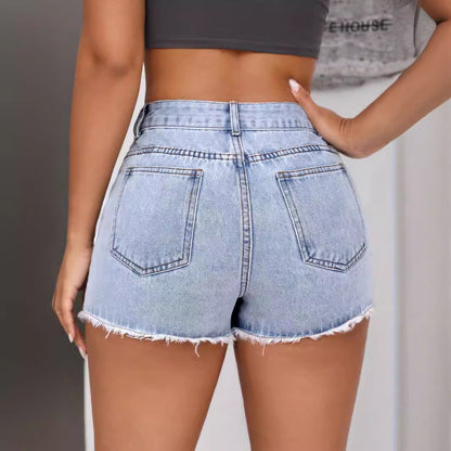 Shorts en jean taille haute pour femme avec ourlet effiloché et poches latérales Chic und Stil