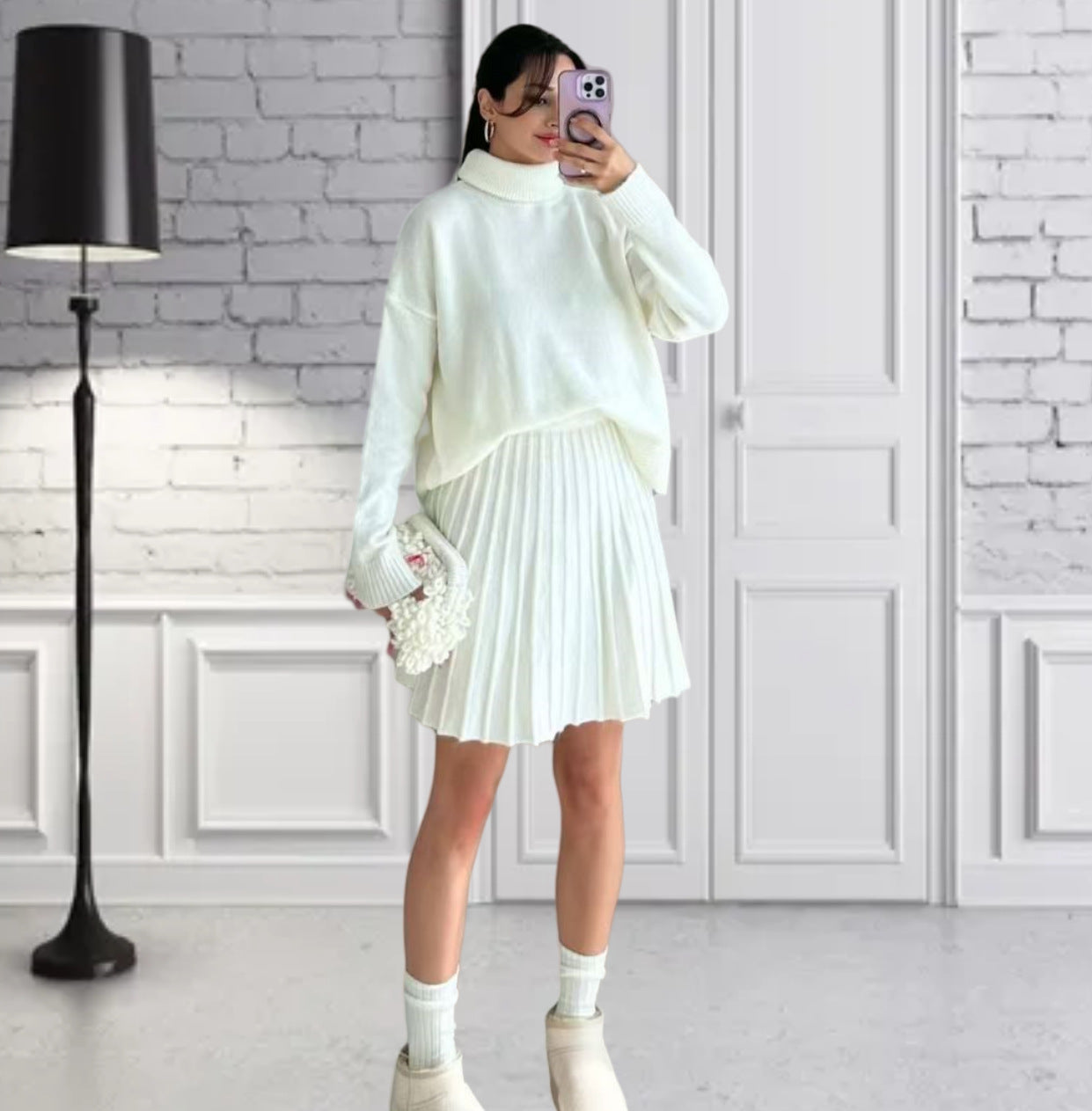 Dames pull en maille oversize avec une structure ribbed de haute qualité et une mini jupe assortie Chic und Stil