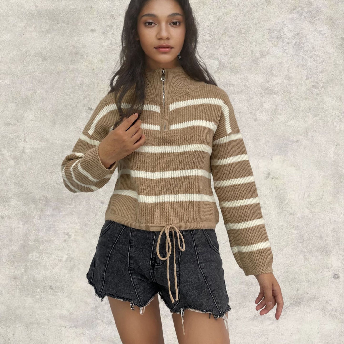 Pull en tricot pour femmes avec demi-fermeture éclair et structure de transition décontractée Chic und Stil