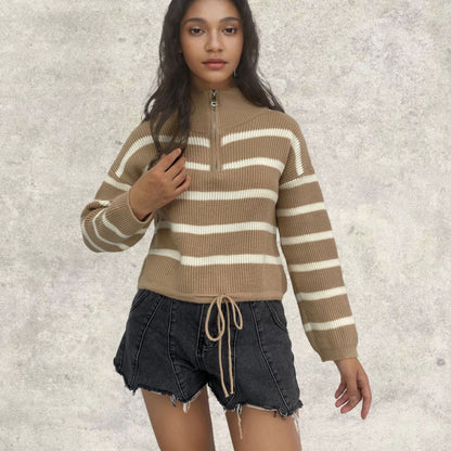 Pull en tricot pour femmes avec demi-fermeture éclair et structure de transition décontractée Chic und Stil