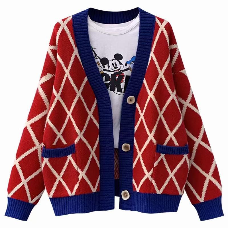 Dames gros tricot cardigan à motifs carreaux Chic und Stil