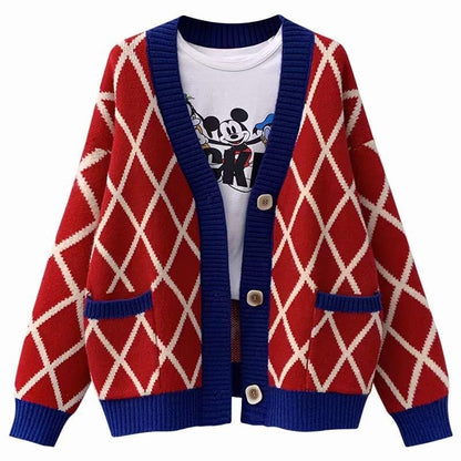 Dames gros tricot cardigan à motifs carreaux Chic und Stil