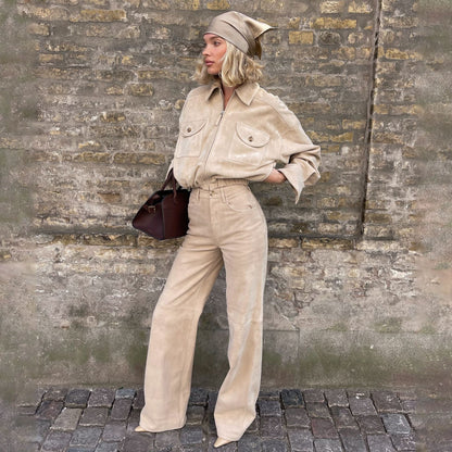 Women Quilted Leather Jacket and High Waisted Pants Chic and Style