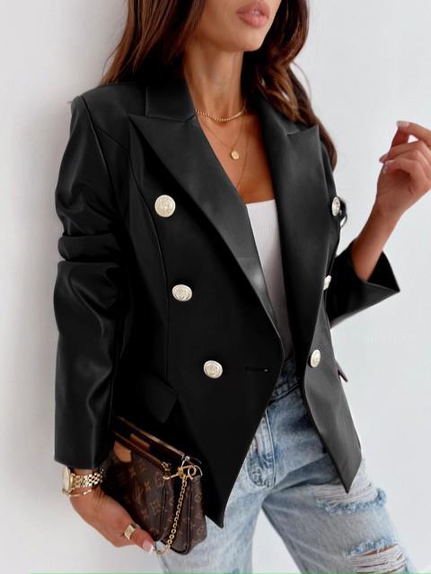 Blazer élégant en simili cuir pour femmes avec double rangée de boutons Chic und Stil
