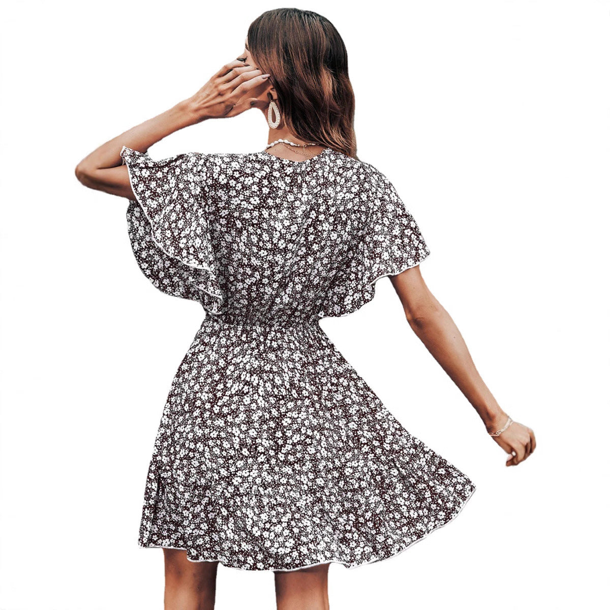 Dames Robe Twirl à manches flottantes fleuries Chic und Stil