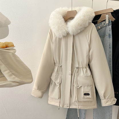 Multifunctional winter jacket for women with removable faux fur collar and adjustable waist drawstring Chic and Style