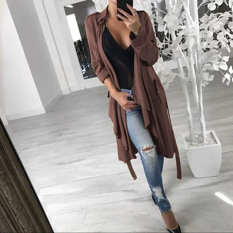 Dames élégant cardigan enveloppant en tissu doux avec coupe longue et poches pratiques Chic und Stil