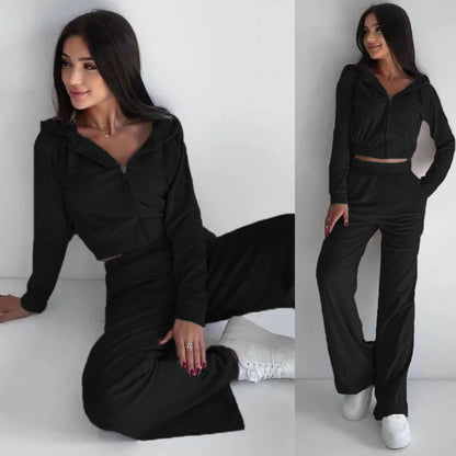 Chic and Style women's trendy cropped velvet hoodie set and loose athletic pants