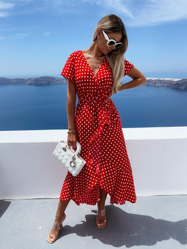 Robe maxi portefeuille à pois fluides Chic und Stil pour femmes