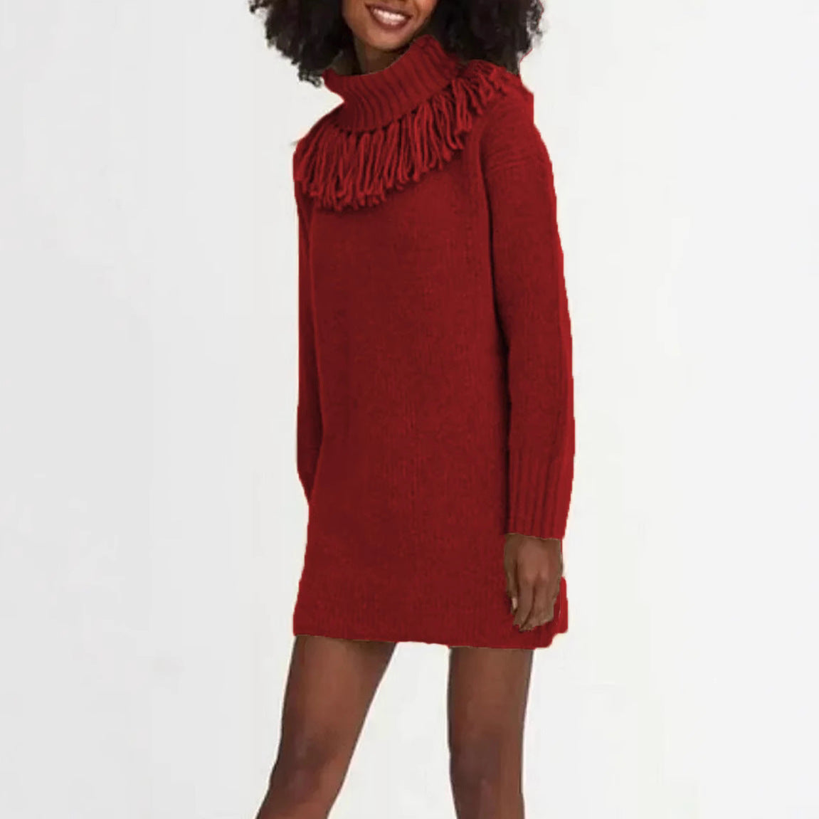 Robe tricotée pour femmes avec bord à franges décoratives et col roulé haut Chic und Still