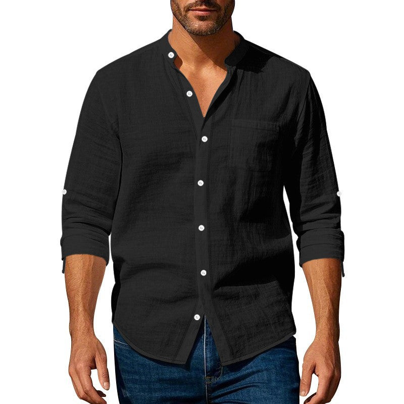 Chemise en lin pour hommes avec col montant et poche poitrine Chic und Stil