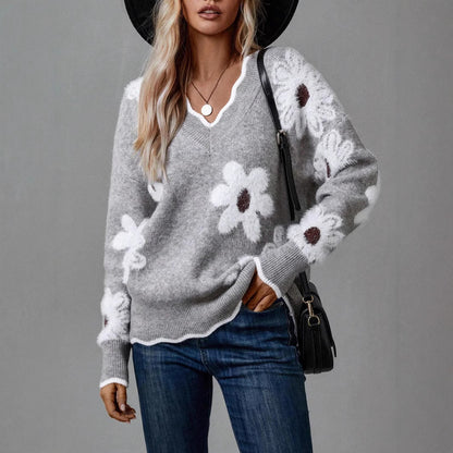 Pull en tricot pour femmes avec design floral et col en V Chic und Stil
