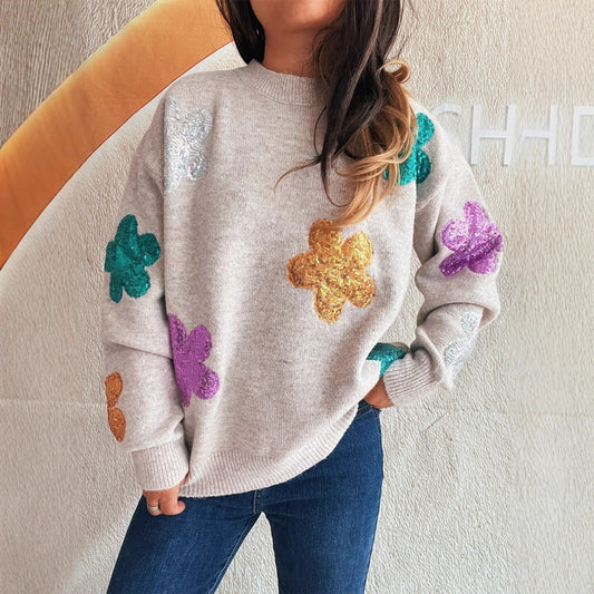 Pull en tricot pour femmes avec des fleurs scintillantes colorées Chic und Stil