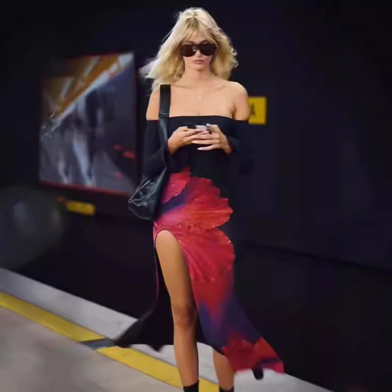 Robe maxi off-shoulder pour femmes avec imprimé floral et fente haute Chic und Stil