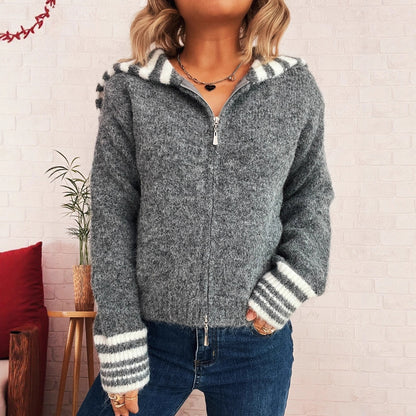 Dames pull-over en tricot cozy avec une fermeture éclair élégante et des rayures à la mode Chic und Stil