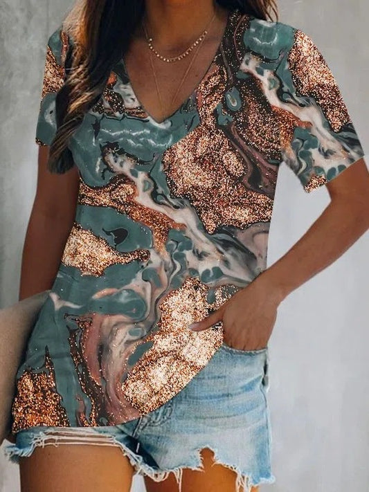 T-shirt femme à col en V avec motif marbré pailleté Chic und Stil