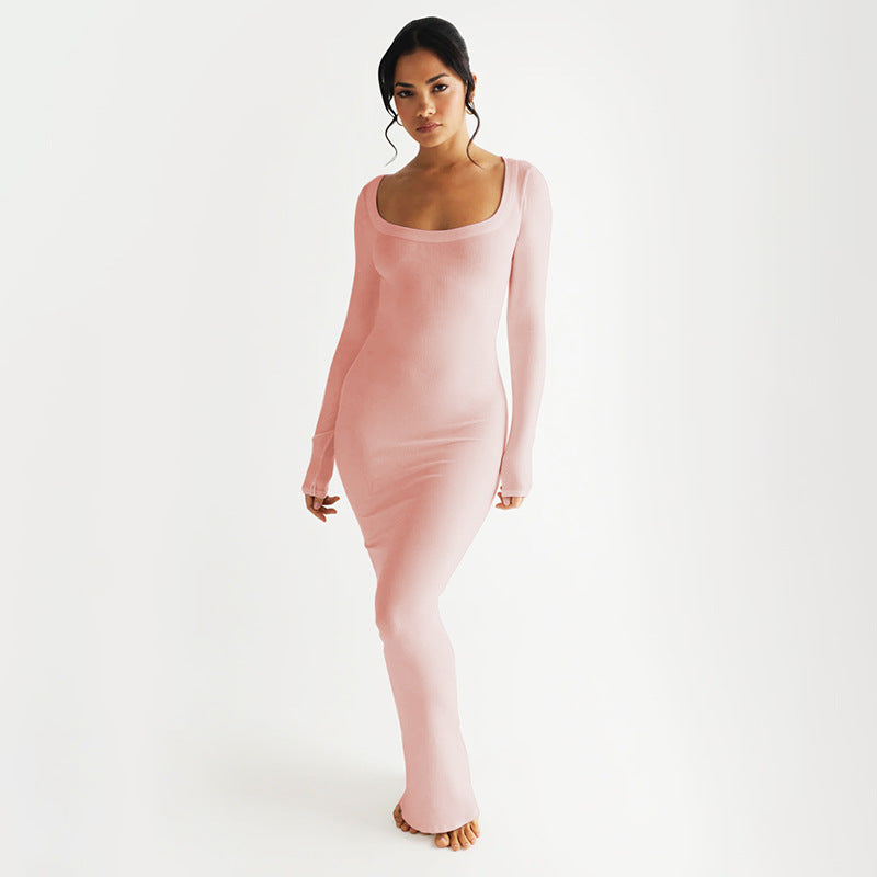 Dames Élégante robe longue avec décolleté en U profond et manches longues Chic und Stil