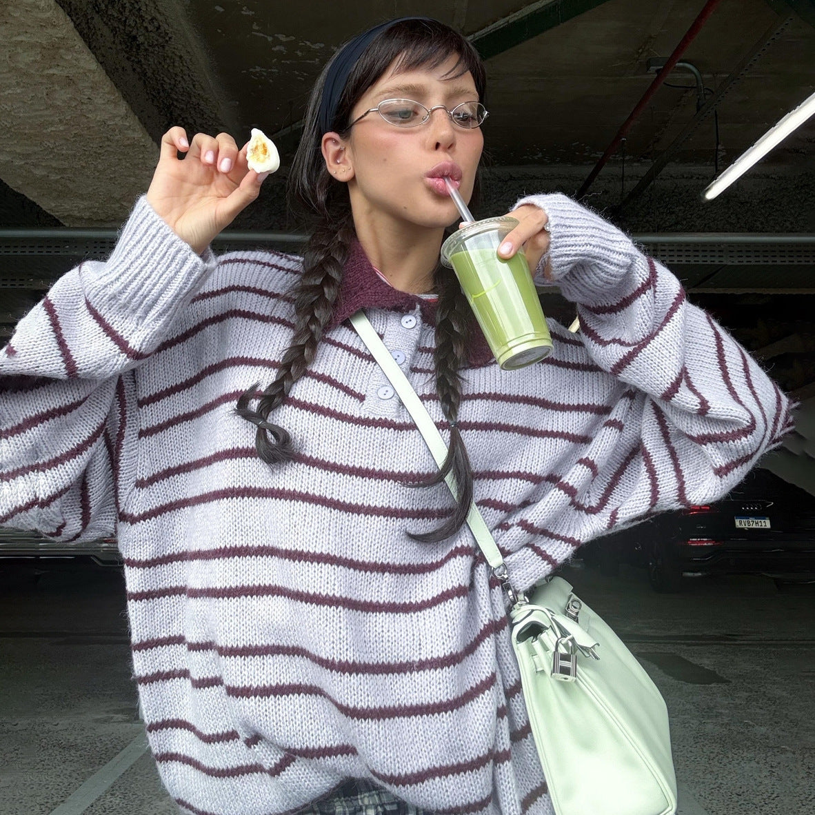 Ladies oversized casual pullover with shawl collar and stripes Chic und Stil