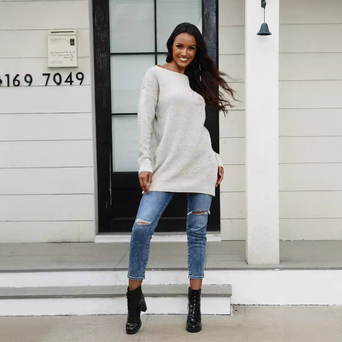 Pull en tricot décontracté pour femmes avec encolure large et structure en côte Chic und Stil