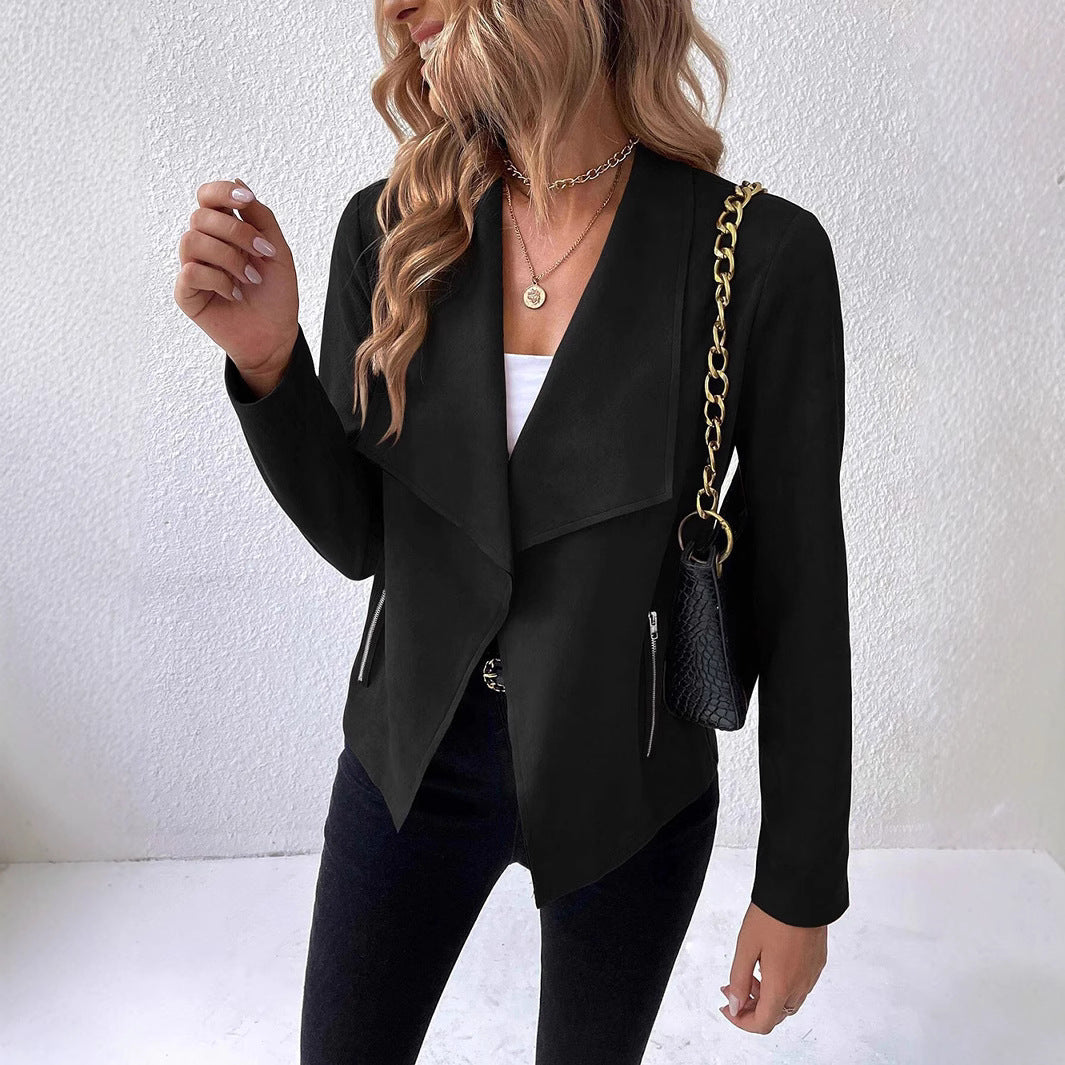 Dames élégant blazer court avec coupe asymétrique et poches zippées Chic und Stil