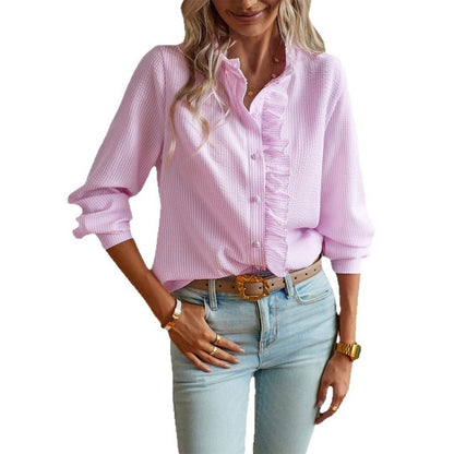 Chemise élégante pour femme à manches longues avec détails volantés et rangée de boutons Chic und Stil