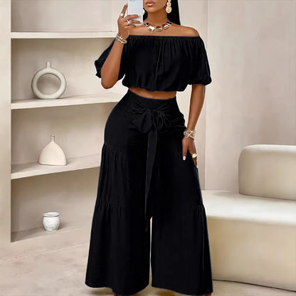 Woman Deep V-Neck Crop Top and High-Waisted Palazzo Pants Chic and Style