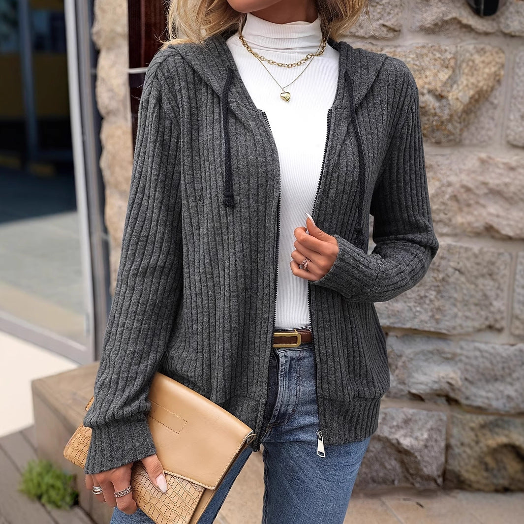 Ladies pullover and cozy knit with hood and ribbed structure Chic and Style