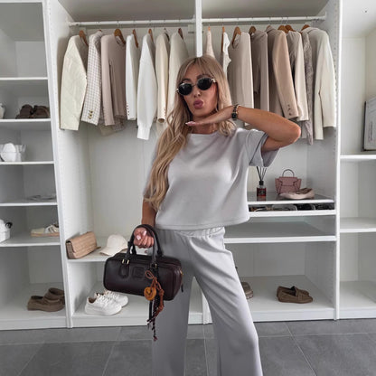 Chic and Style women's casual cropped top and wide leg pants set