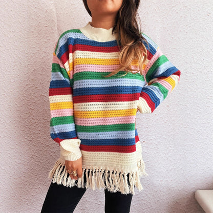 Pull femme charmant avec franges et motif rayé coloré Chic und Stil