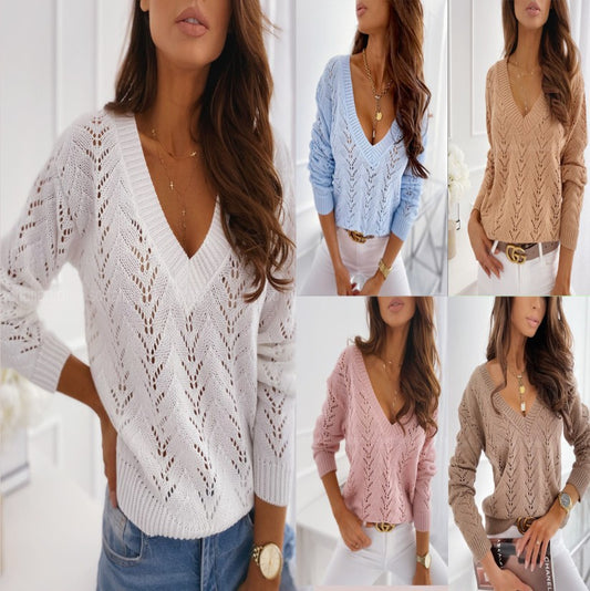 Pull en grosse maille pour femmes avec un élégant décolleté en V et un motif délicat Chic und Stil