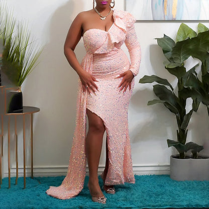 Femmes Robe maxi élégante sans épaules avec des accents scintillants et un design asymétrique Chic und Stil