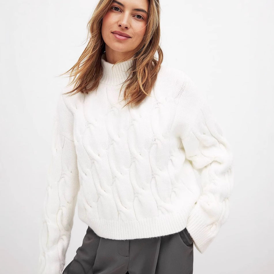 Pull en grosse maille pour femmes avec un col haut et un design de tresse romantique Chic und Stil
