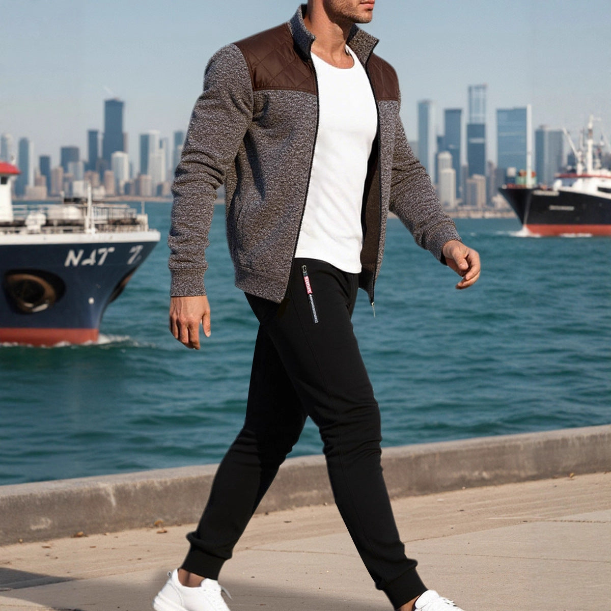 Veste de sport pour hommes avec un motif à côtes horizontales et une zone d'épaule légèrement rembourrée Chic und Stil