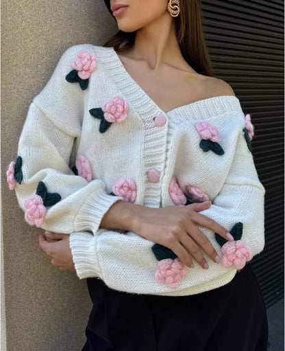 Dame cardigan avec design floral brodé et bord côtelé Chic und Stil