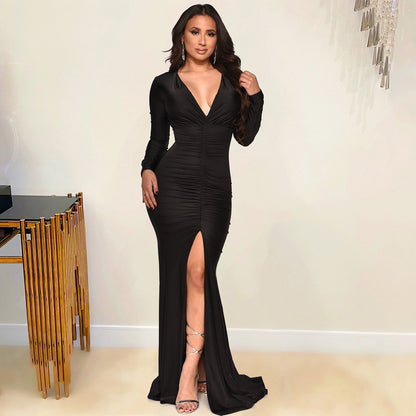 Robe de soirée chic et stylée pour dames à fente haute et volants
