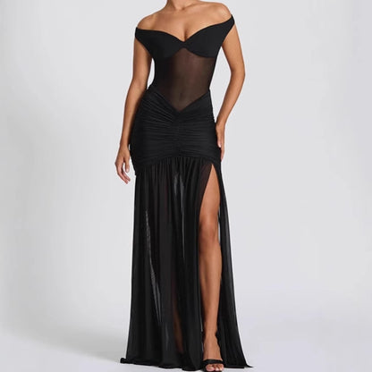 Dames Robe Maxi Élégante Off-Shoulder avec Détails Volants et Fente Haute Chic und Stil