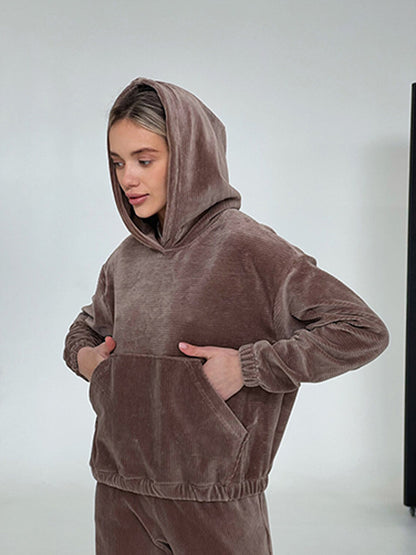 Dames doux ensemble à capuche en cordon avec taille élastique Chic und Stil