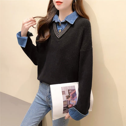 Pull femme à col V avec détails en denim Chic und Stil
