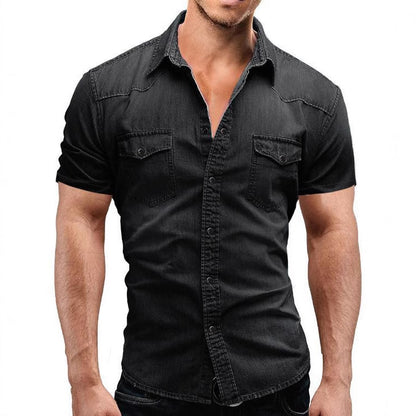 Chemise en denim à manches courtes pour hommes avec poches à rabat classiques Chic und Stil