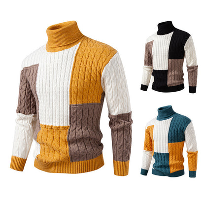 Pull homme hautement encoluré en tricot avec un motif de torsades moderne et des blocs de couleurs attrayants Chic und Stil