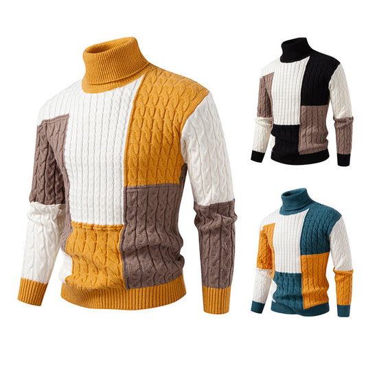 Pull homme hautement encoluré en tricot avec un motif de torsades moderne et des blocs de couleurs attrayants Chic und Stil