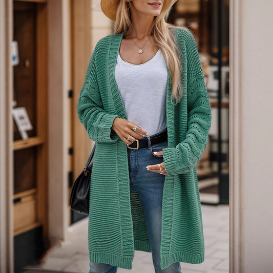 Dames Long Pull Cardigan avec une structure de maille aérée et un devant ouvert Chic und Stil