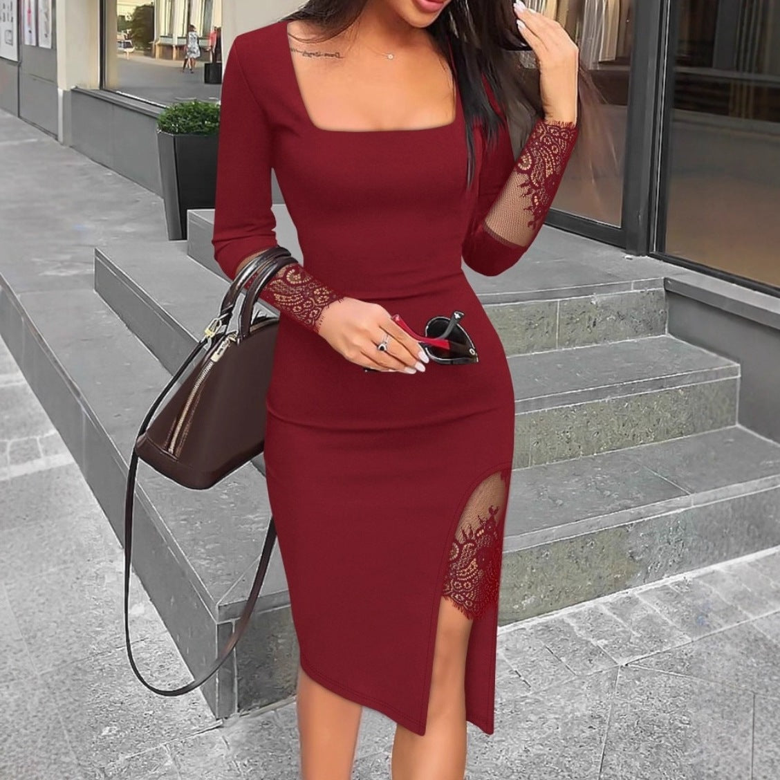 Dames Robe élégante avec manches en dentelle et fente latérale Chic und Stil