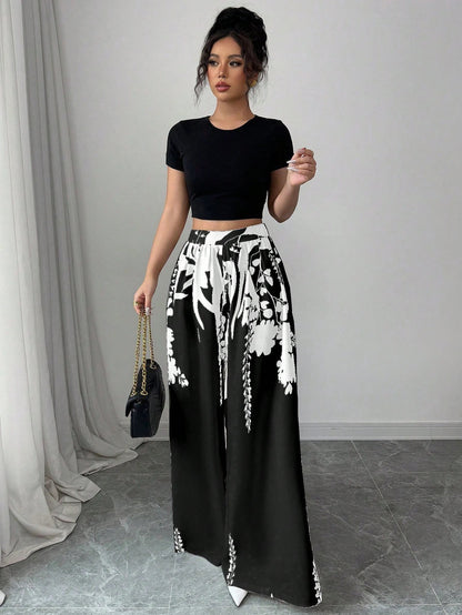 Chic and Style Floral Print Wide Palazzo Pants Set for Women
