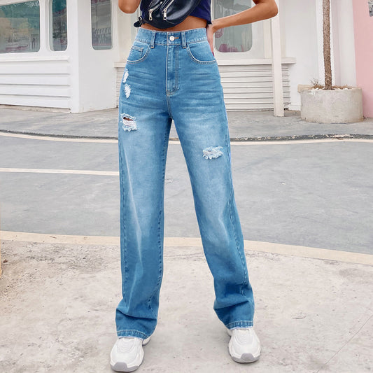 Jeans à jambes larges taille haute pour femmes dans un look destroy tendance Chic und Stil